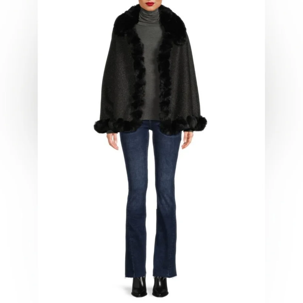 NWT VINCE CAMUTO Whip Stitched Black Faux Fur Trimmed Cape - Picture 2 of 7